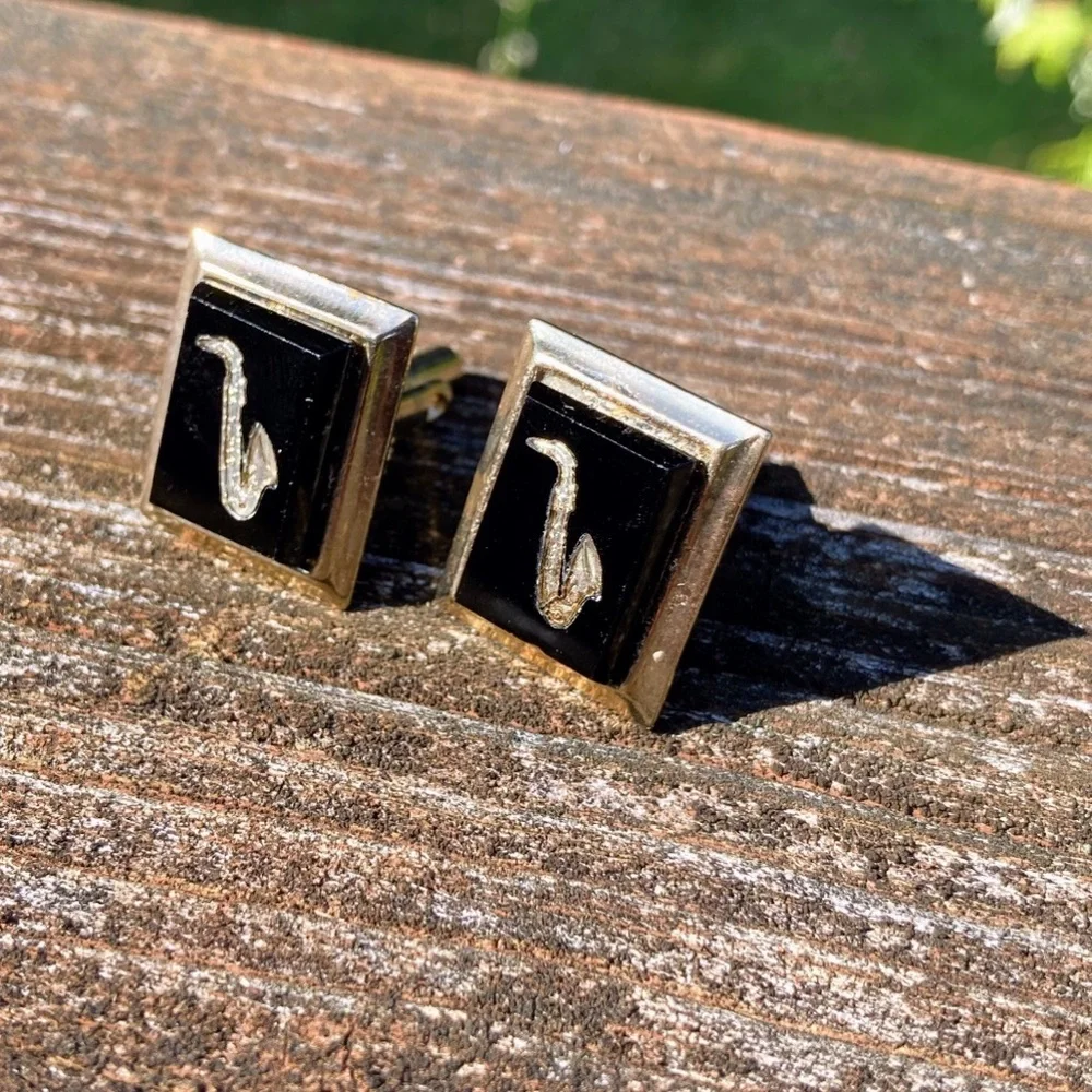 Vintage Black Glass Etched Saxophone Silver Tone Cufflinks